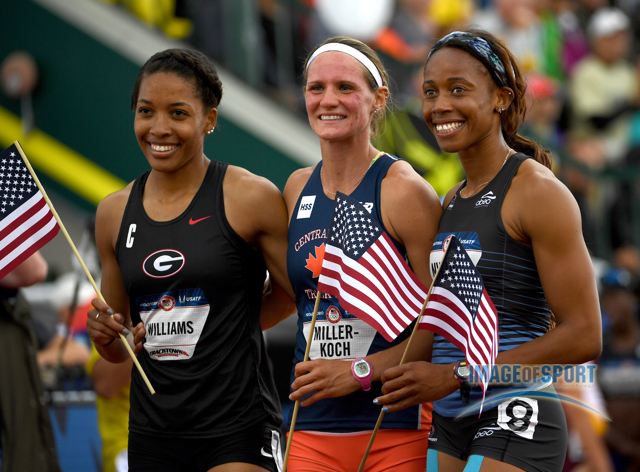 Jul 10, 2016; Eugene, OR, USA; Heptathlon winner Barbara Nwaba (right) poses with runner-up Heather Miller-Koch (center) and third-place finisher Kendell Wililams during the 2016 U.S. Olympic Team Trials at Hayward Field. Mandatory Credit: Kirby Lee-Image of Sports